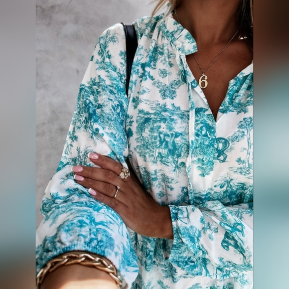 Boho Jungle Modest Ruffle Tie Mock Neck Long Sleeve Tiered Oversized Maxi Dress - Picture 9 of 10